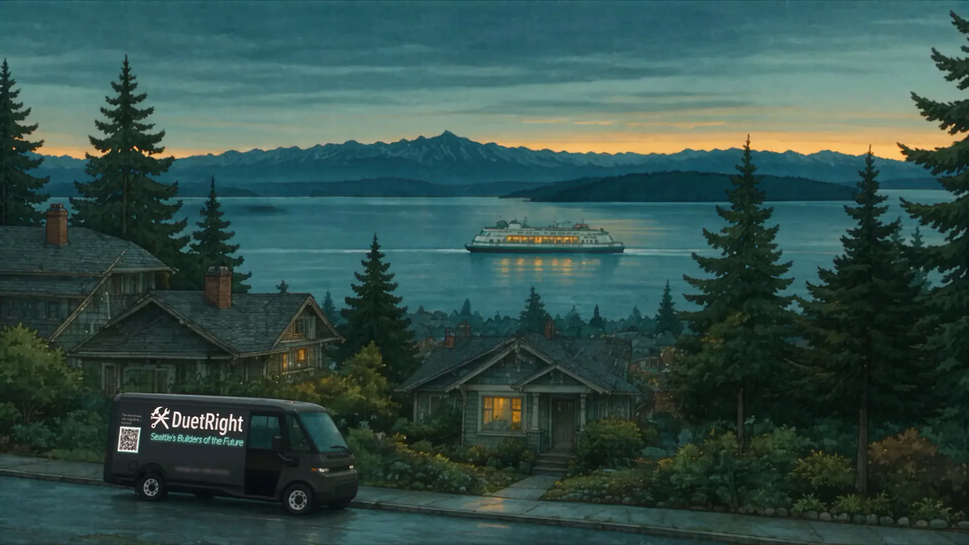Lola, the DuetRight van, parked on a West Seattle street above Puget Sound