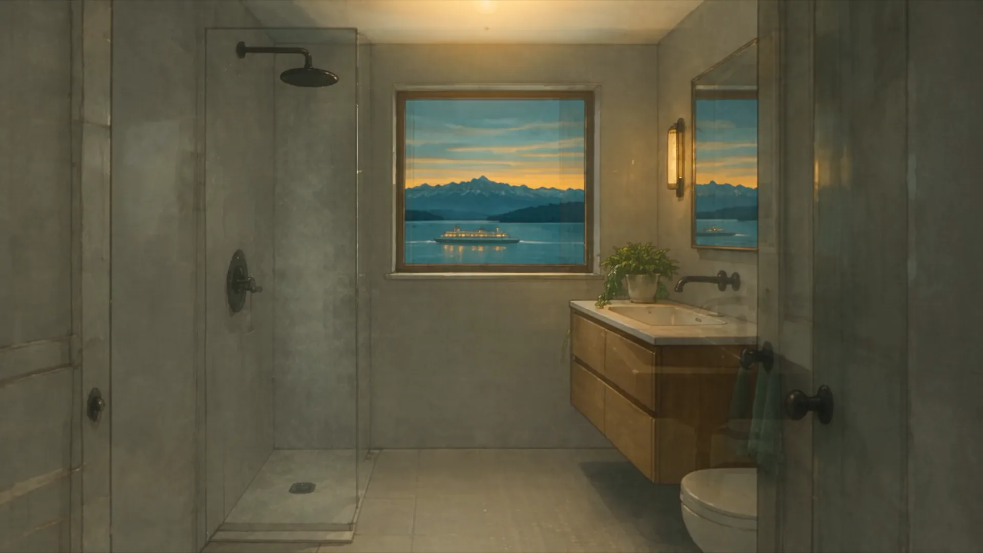 A finished microcement bathroom with a window over Puget Sound